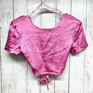 Zara Top Women Size XS Cropped Satin Open Back Short Sleeve Pink Laced Summer